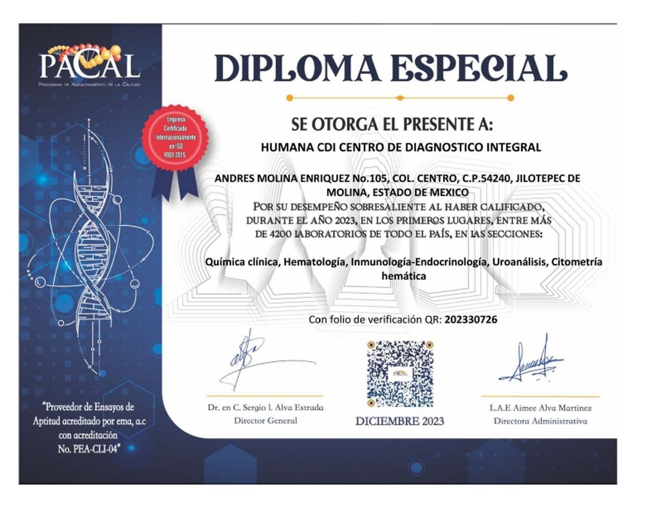 diploma especial de reconocimiento a Humana CDI centro de diagnostico integral en Jilotepec