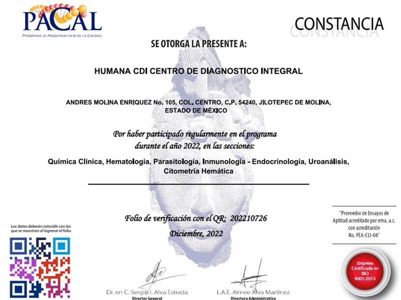 diploma de reconocimiento a laboratorios Humana CDI centro de diagnostico integral, Jilotepec, Canalejas Y Tepeji