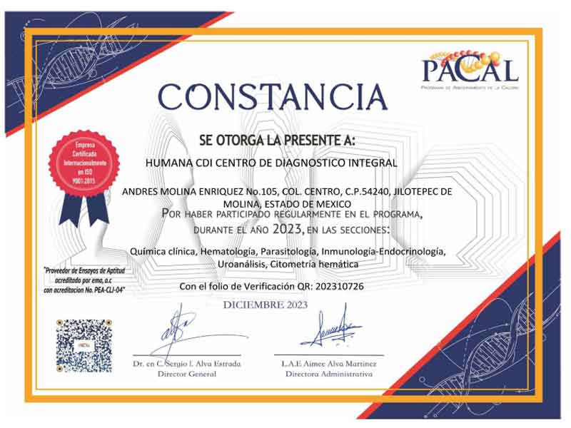 diploma de excelencia a Humana CDI centro de diagnostico integral, Jilotepec, Tepeji y Canalejas